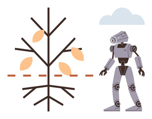 Futuristic robot near a stylized tree with detached elements, symbolizing AI interaction with nature. Ideal for technology, innovation, sustainability, environment, artificial intelligence, ecology
