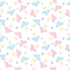 Pastel-tone mushrooms on a white background. Autumn seamless pattern for clothing, fabric, wallpaper, backdrop, home decoration, cover book, and wall art.