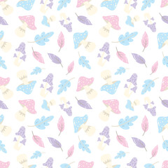 Pastel-tone mushrooms and leaves on a white background. Autumn seamless pattern for clothing, fabric, wallpaper, backdrop, home decoration, cover book, and wall art.