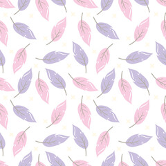 Pink and purple pastel tone leaves on a white background. Seamless pattern is plant for clothing, fabric, wallpaper, backdrop, home decoration, cover book, and wall art. Vintage style.