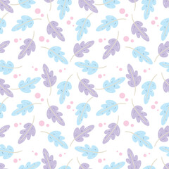 Blue and purple pastel tone leaves on a white background. Seamless pattern is plant for clothing, fabric, wallpaper, backdrop, home decoration, cover book, and wall art. Vintage style.