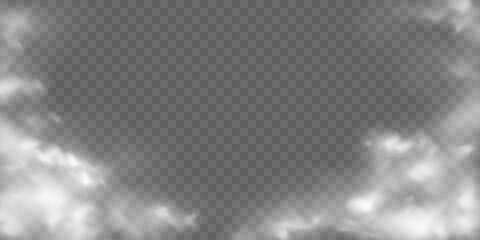 Realistic white clouds border. Transparent fog effect, mist, smoke imitation. Vector background.