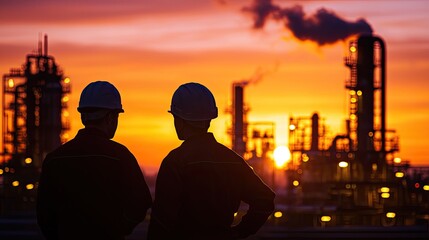 Fototapeta premium Two workers stand in silhouette at sunrise over a refinery.