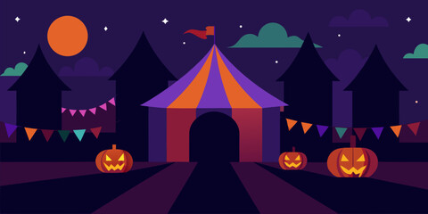 Spooky Halloween night with a pumpkin on a haunted house roof, silhouetted against a moonlit sky with stars and trees, cartoon vector illustration