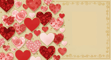 A beautiful romantic background filled with assorted hearts and floral patterns in various shades of red and pink ideal for Valentine's Day or wedding invitation