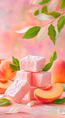 Soft marshmallow candies lokum, close-up, pastel background, peach slices, white and green leaves. Delicious wallpapers for mobile app