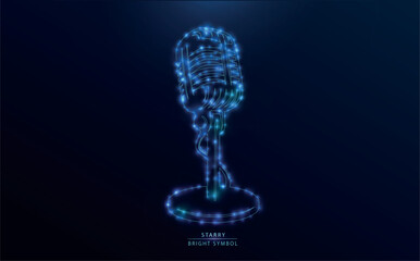 Glowing neon podcast microphone on dark background. Trendy digital illustration symbolizing modern online broadcasting, streaming, and social media content creation. Perfect for tech or audio-related 