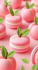 Pink macaroons, green leaf marshmallows and pink peaches, Japanese sweet and soft style, close-up. Yummy wallpaper for mobile app