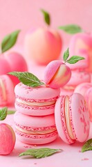 Pink macaroons, green leaf marshmallows and pink peaches, Japanese sweet and soft style, close-up. Yummy wallpaper for mobile app
