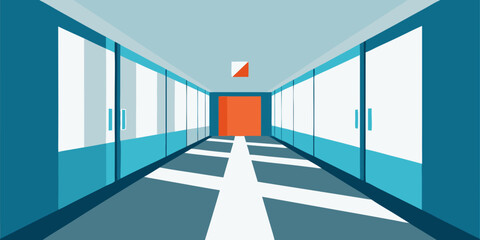 A long, empty office corridor with modern design and light from a distant window