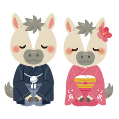 晴れ姿の午年のキャラクター　男女　お辞儀