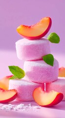 Pink mochi, delicate Japanese sweets, decorated with pink peach slices and fresh green leaves, stacked neatly, close-up, light purple background,