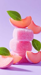 Pink mochi, delicate Japanese sweets, decorated with pink peach slices and fresh green leaves, stacked neatly, close-up, light purple background,