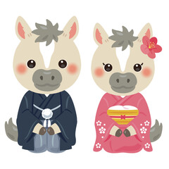 晴れ姿の午年のキャラクター　男女