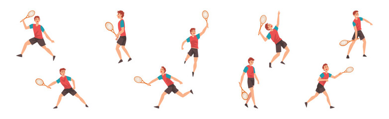 Man Character Playing Tennis with Ball and Racquet Vector Set