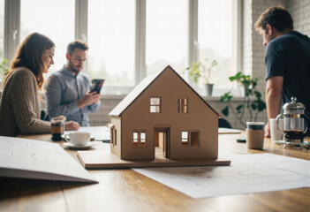 A detailed cardboard house model sits on an office desk as a team of architects reviews project details in a collaborative meeting for a new housing development.