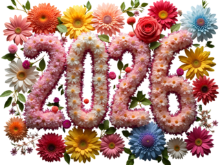 Vibrant 2026 Floral Number Arrangement Featuring Pink White Yellow Orange and Red Gerbera Daisies Chrysanthemums and Roses  PNG file isolated on transparent background,
