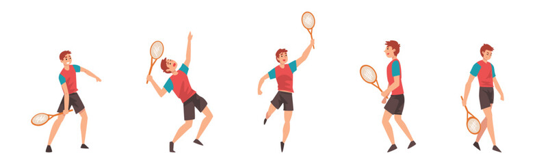 Fototapeta premium Man Character Playing Tennis with Ball and Racquet Vector Set