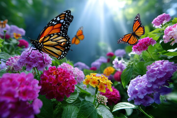 Obraz premium Colorful butterflies fluttering around blooming flowers in a vibrant garden at midday