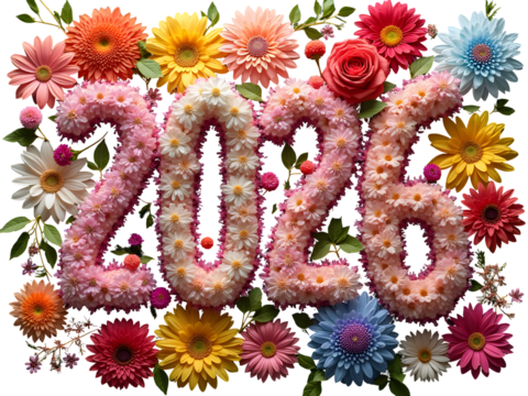 Vibrant 2026 Floral Number Arrangement Featuring Pink White Yellow Orange and Red Gerbera Daisies Chrysanthemums and Roses  PNG file isolated on transparent background,
