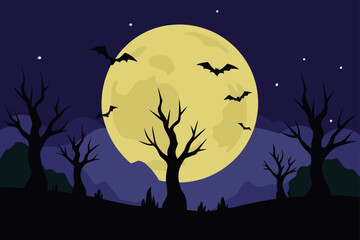Spooky Halloween night landscape with a full moon, silhouetted tree, and bats flying across a star-filled sky