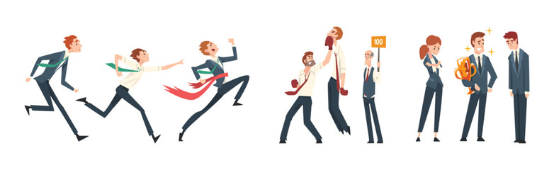 Male Business Employee Character Engaged in Leadership Competition Vector Set