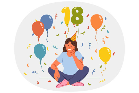 Woman celebrates 18th birthday, proud of reaching adulthood, and sits on floor among candy and balloons. Young cheerful girl student in festive hat invites you to entertaining event in honor birthday