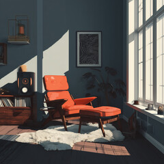 Modern armchair with ottoman in cozy room with large windows  