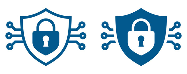 Cybersecurity shield with digital padlock center. Vector icon.