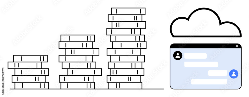 Aufkleber stacked data servers grouped with a cloud icon above a digital message interface screen. ideal for c