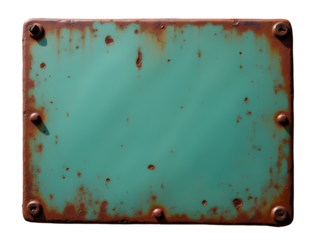 Weathered Teal Green Rusty Iron Metal Plate Rectangular Shape Industrial Background Texture Old Vintage Grunge Surface Four Rivets,  PNG file isolated on transparent background,
