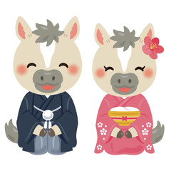 晴れ姿で笑顔な午年のキャラクター　男女