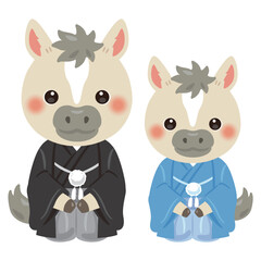 晴れ姿の午年のキャラクター　親子