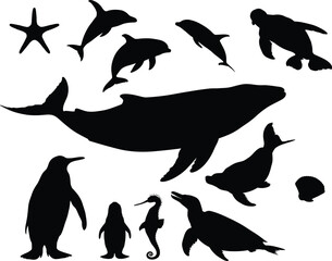Fototapeta premium Silhouette illustration of various sea animals white background.