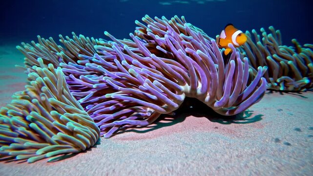 Vibrant clownfish interacting with purple anemones in clear blue ocean water, showcasing marine life, tropical beauty, and symbiotic relationships