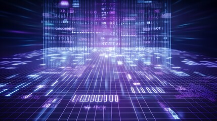 Semi-transparent fog over a detailed data matrix, with illuminated paths glowing faintly in purple and blue tones.