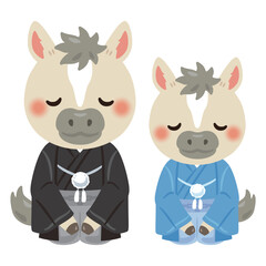 晴れ姿の午年のキャラクター　親子　お辞儀