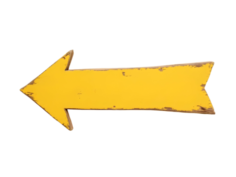 Aged Yellow Wooden Arrow Sign Leftward Pointing Rustic Weathered Paint Texture PNG file isolated on transparent background,
