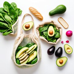 Fresh vegetables and fruits arranged creatively in a natural setting with a focus on avocados and spinach