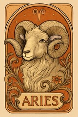 Aries Zodiac Sign: Art Deco Ram Portrait, Warm Tones, Elegant Design
