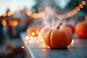 Halloween decorations with pumpkins and warm lights at an autumn festival