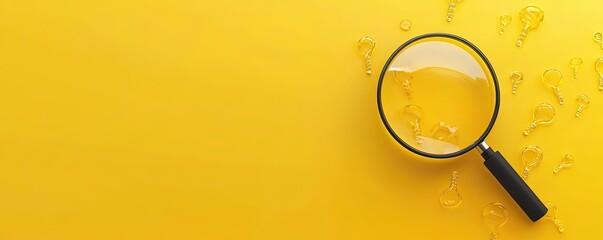Magnifying Glass Examining Light Bulbs on Yellow Background