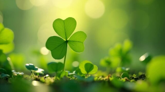 Lucky clover blossoming in meadow, close up of three leaf clover. Greenery background and sunlight, showing a lucky clover with heart shaped leaflets. Lucky clover for St. Patrick's day.