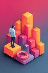 Man standing orange block with colorful 3d bar chart and pie chart