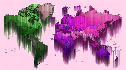 3D world map with vertical bars in warm and cool colors