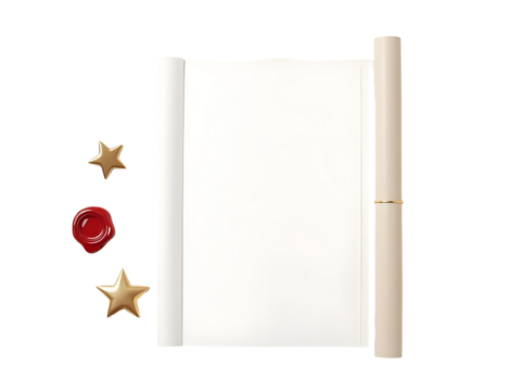 White Blank Scroll Paper Unrolled with Two Gold Stars and Red Wax Seal PNG file isolated on transparent background,
Simple High Resolution Product