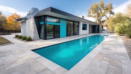 Modern Pool House Exterior with Turquoise Accents