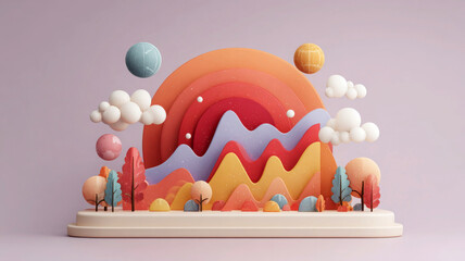 Colorful abstract landscape with mountains and clouds in soft tones