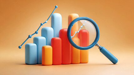 Colorful bar chart with magnifying glass showing growth trend