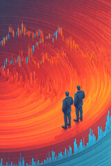 Two businessmen analyzing financial data with colorful charts